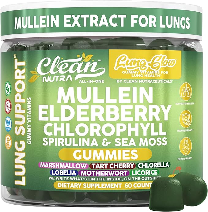 Clean Nutra Mullein Gummies for Lung Health Support with Elderberry Chlorophyll Spirulina Tart Cherry Sea Moss Vitamin C Lutein Marshmallow Root Licorice Root Superfood Greens Mucus Relief 60 Gummies