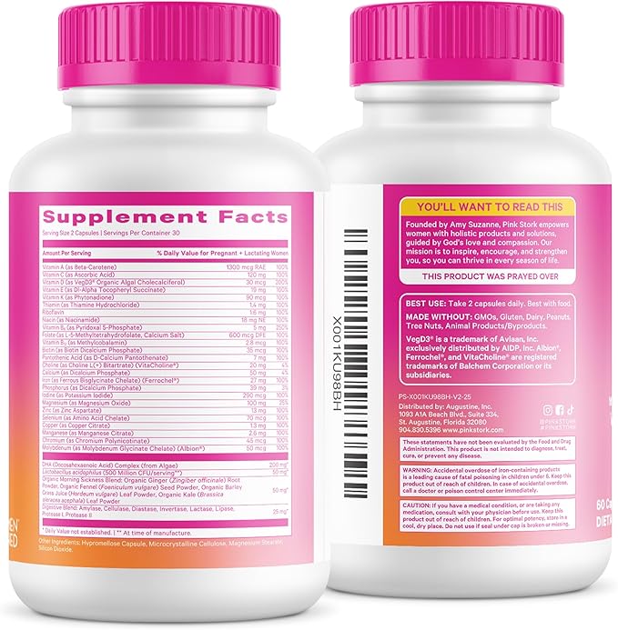 Pink Stork Premium Prenatal Vitamins for Women | Methylated Folate, Choline, Iron, Vegan DHA | Doctor-Formulated Prenatal Vitamin | Organic Whole-Foods & Probiotic | Gentle on Stomach, 60 Count