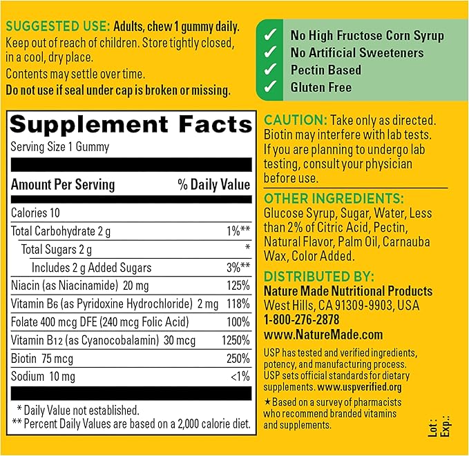 Nature Made Vitamin B Complex Gummies, 5 B Vitamins for Energy and Brain Support, 60 Pectin Based Gummies, 60 Day Supply
