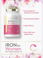 Carlyle Iron Supplement for Women | 200 Slow Release Tablets | Vegetarian, Non-GMO, Gluten Free Pills | for Her