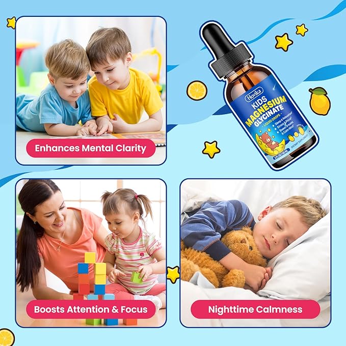 2 Pack Magnesium Glycinate Liquid for Kids - with L-Theanine Omega-3, Vitamin B6, D3, Zinc - Kids Magnesium Drops for Sleep, Relaxation, Calm & Focus - 2 Fl Oz, Lemon Flavor