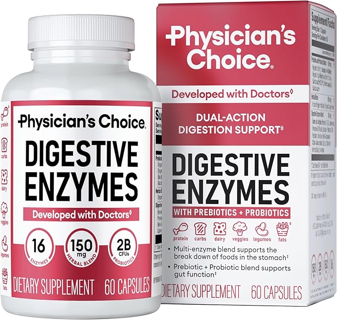 Physician's CHOICE Digestive Enzymes for Bloating & Digestion - 16 Enzymes with Organic Prebiotics & Probiotics for Gut & Digestive Health - Meal Time Discomfort Relief - Dual Action Support - 60 CT