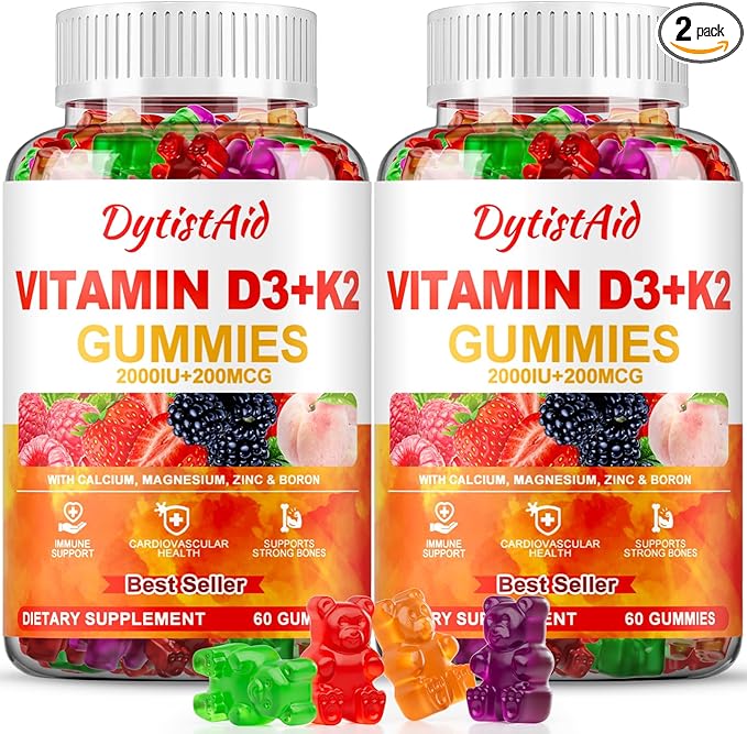 Vitamin D3 + K2 Gummies 2000 IU with Calcium + K2 (MK-7), Magnesium Citrate, Vitamin C, Zinc & Boron – Bone, Heart & Immune Support – Vegan, Non-GMO, Gelatin-Free, Sugar-Free Supplement, 120 Gummies