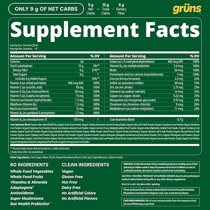 Gruns Adults Super Greens Gummies, Multivitamin Superfood Gummy Bears, Spirulina, Chlorella, Prebiotics & Fiber Gummies for Digestive Health, Adaptogens Supplement, 20 Vitamins & Minerals, 10 Count