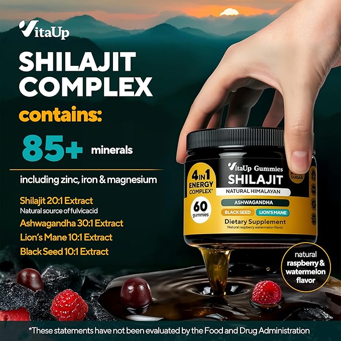 VitaUp Himalayan Shilajit Gummies for Men & Women – Sugar-Free Shilajit Gummies with Fulvic Acid – Pure Energy, Immune & Healthy Aging Support – 60 Gummies