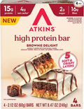 Atkins High Protein Bars, Brownie Delight Flavor, 15g of Protein, 4g Net Carbs, Keto Protein Bars, Low Sugar, 4 Count