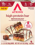 Atkins High Protein Bars, Brownie Delight Flavor, 15g of Protein, 4g Net Carbs, Keto Protein Bars, Low Sugar, 4 Count
