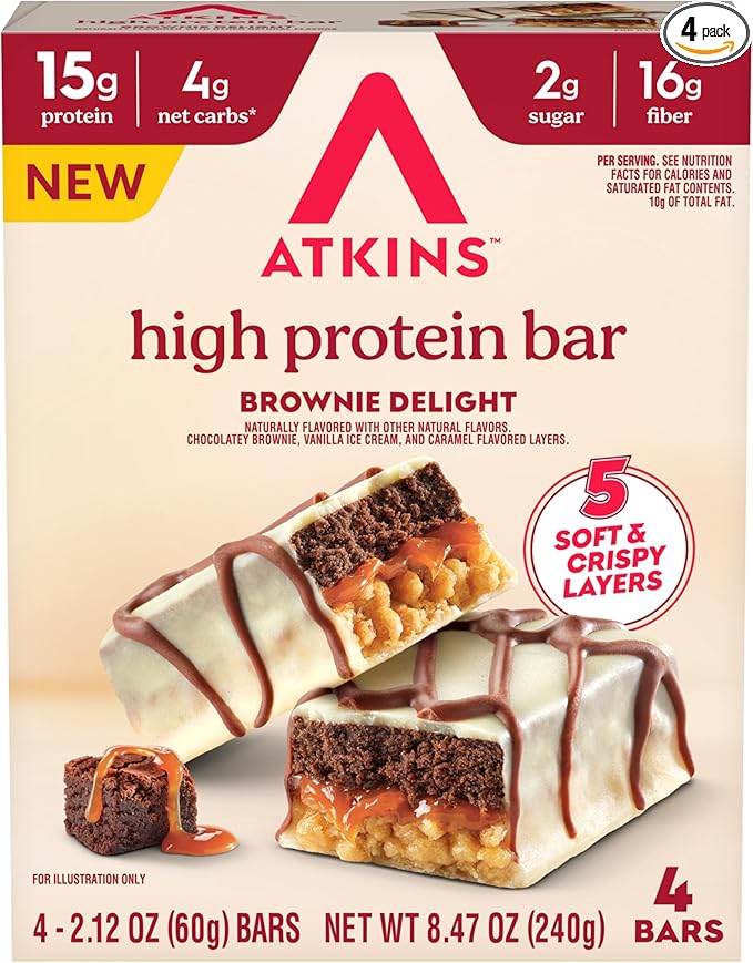 Atkins High Protein Bars, Brownie Delight Flavor, 15g of Protein, 4g Net Carbs, Keto Protein Bars, Low Sugar, 4 Count
