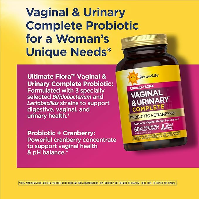 Renew Life Women's Wellness Vaginal and Urinary Probiotic and Cranberry Supplement, Probiotic Supplement for pH Balance for Women, Digestive Health, Dairy, Soy and Gluten-Free, 3.5 Billion CFU 60 Ct
