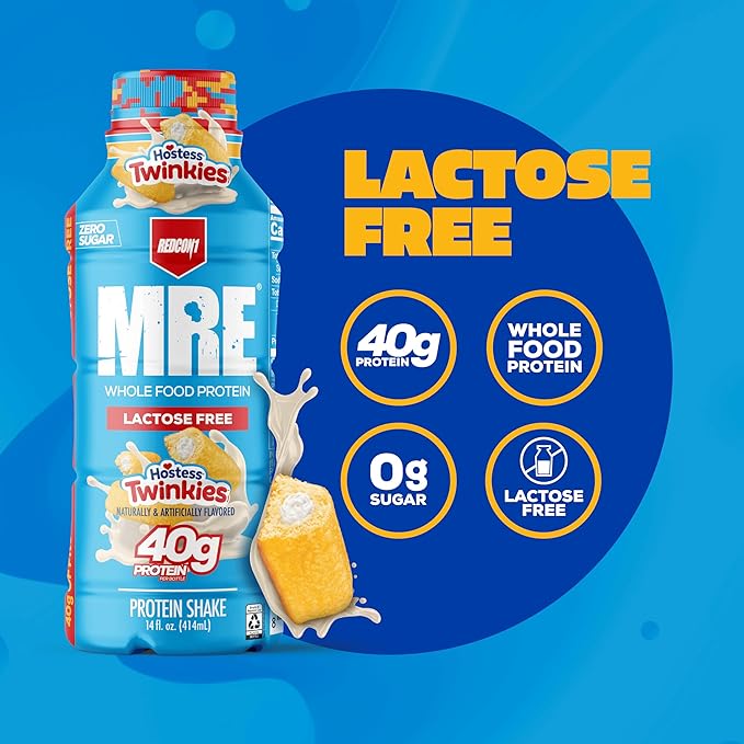 REDCON1 MRE Ready to Drink Protein Shakes Hostess™, Twinkies - Lactose Free RTD Protein Made with Real Whole Food Protein Blends - Easy to Digest Nutritional Shake (12 Pack)