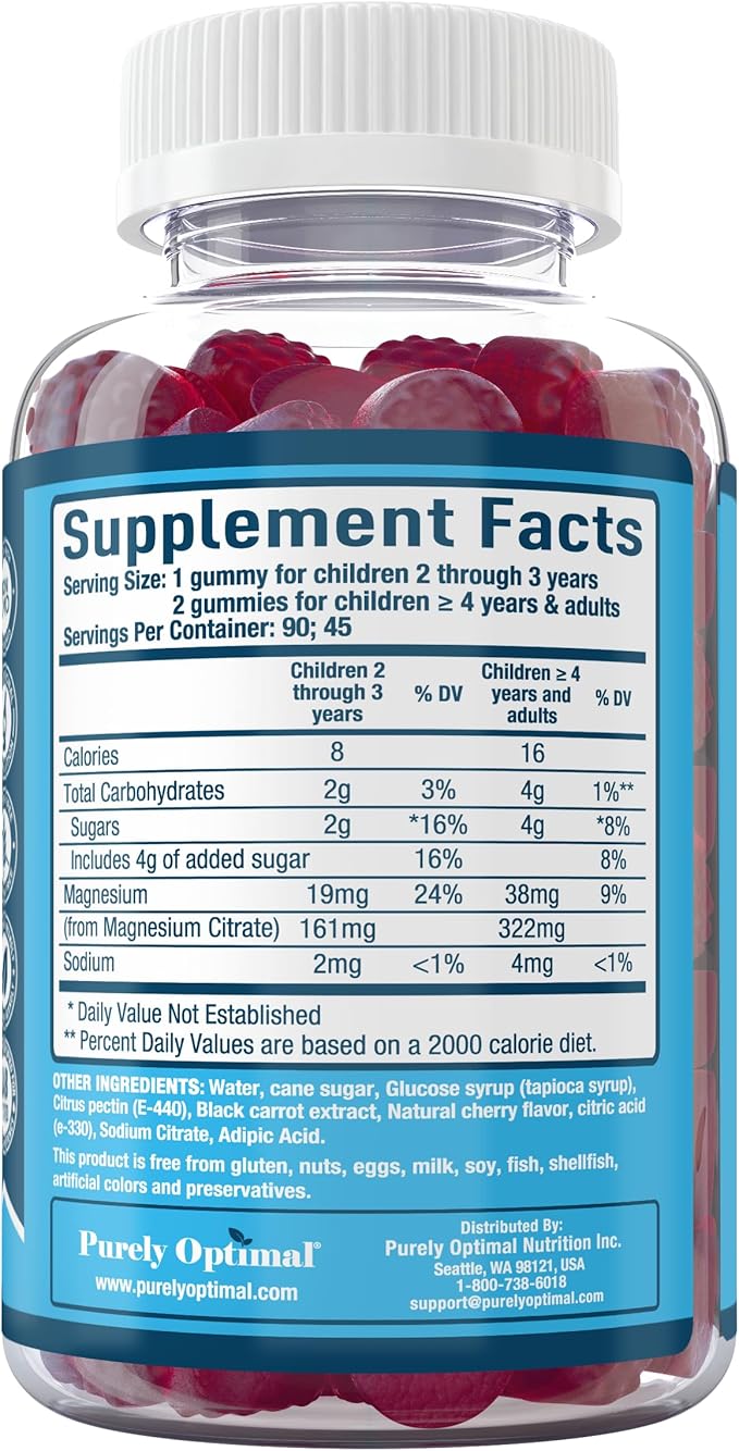 Purely Optimal Magnesium Citrate Gummies for Kids & Adults - Delicious Cherry Flavor - Sleep, Calm & Digestive Support, Relaxation, Muscle Health - Chewable Magnesium, Gluten-Free, Vegan - 90 Gummies