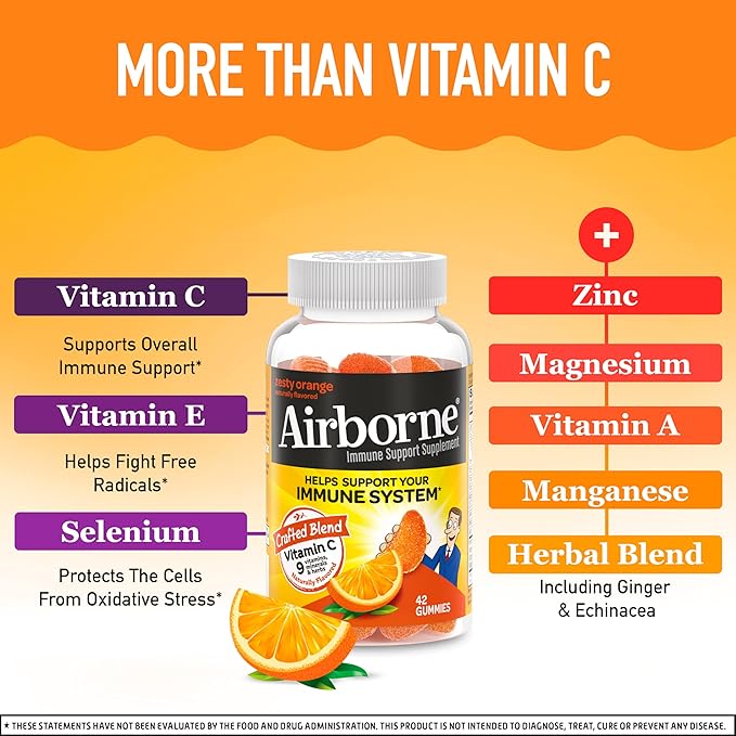 Airborne 750mg Vitamin C Gummies for Adults, Immune Support Supplement with Powerful Antioxidants Vitamins C & E - 42 Gummies, Zesty Orange Flavor (2 Pack)