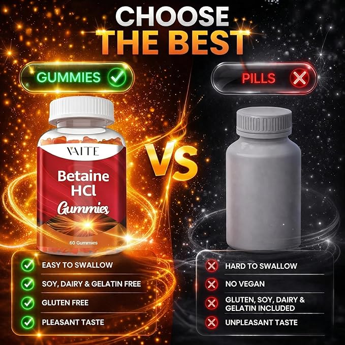 VAITE Betaine HCL Supplement 1000 mg Gummies – Digestive Support – Supports Digestion & Nutrient Breakdown – Non-GMO, Vegan, Gluten-Free – for Adults Seeking Daily Digestive Support – 60 Gummies