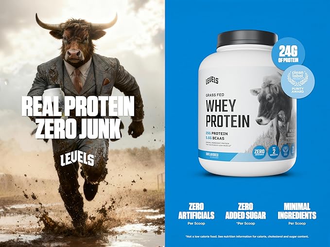 Levels Grass Fed Whey Protein Powder, No Artificials, 25G of Protein, Unflavored, 5LB