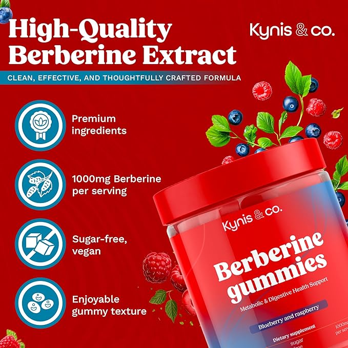 Kynis & co. Berberine Gummies with Ceylon Cinnamon and Apple Cider Vinegar - Sugar Free - Blueberry and Raspberry Flavor - 60ct - Supports metabolic and Digestive Health