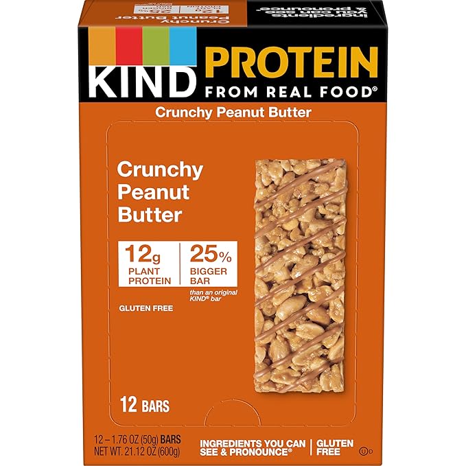 KIND Protein Snack Bar, Crunchy Peanut Butter, Healthy Snacks, Gluten Free, 12g Plant Protein, 12 Count (Pack of 2)