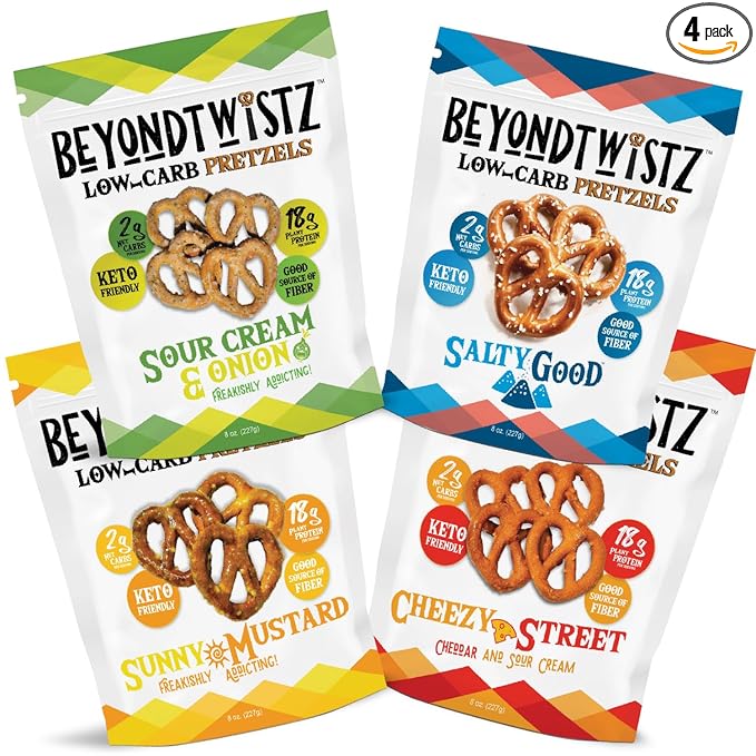 BeyondTwistz Low Carb Pretzels, Starter Pack, Keto Friendly, 2g Net Carbs, 18g Protein, Powered By HealthSense® High Fiber Wheat Flour, Family Size 8oz Bag, Pack of 4