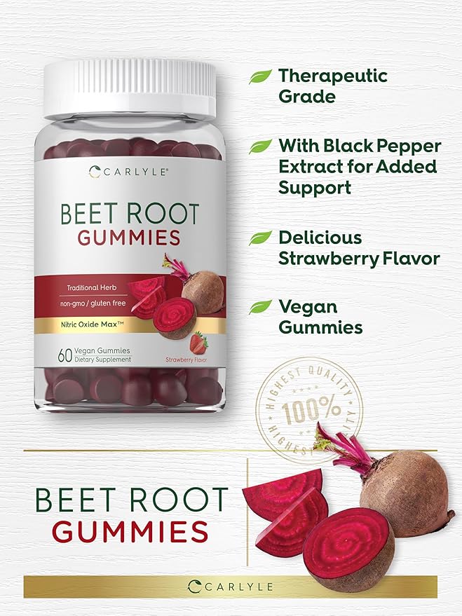 Carlyle Beet Root Gummies | 60 Count | Extract Supplement with Black Pepper and Vitamin C | for Men & Women | Beta Vulgaris | Strawberry Flavor | Vegan, Non-GMO, and Gluten Free