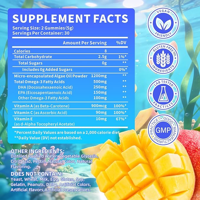 Vegan Omega-3 Gummies 500mg, Omega 3 Fish Oil Alternative for Adults with Plant-Based EPA & DHA & Vitamin A, C, E for Brain, Eye & Immune Health, Sugar Free, Mango Flavor, 120 Count