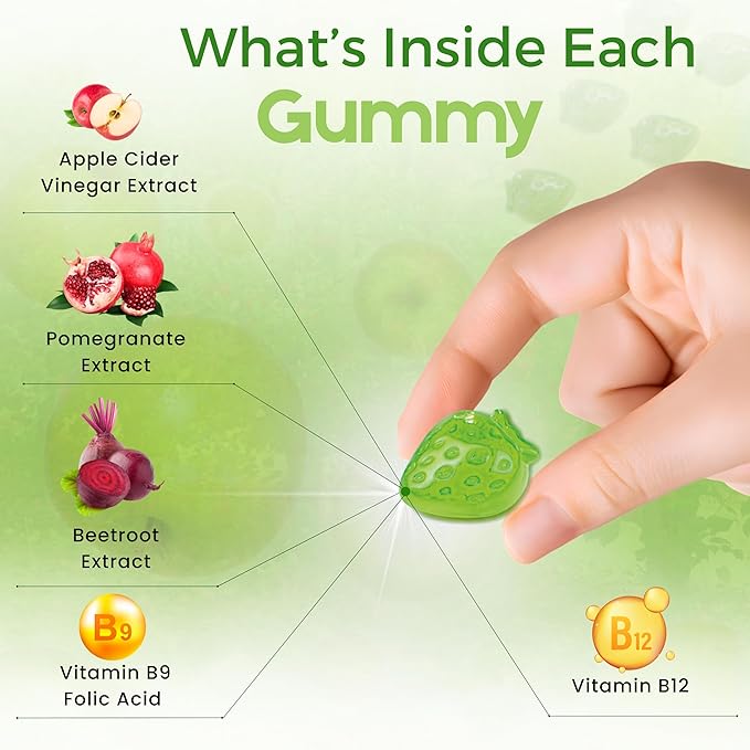 Apple Cider Vinegar Gummies – 350mg Apple Cider Vinegar per Gummy – with Vitamin B9 & B12 – Vegan Pectin Gummies – Individually Wrapped – 60 Gummies