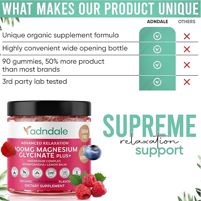 Adndale 90 CT Magnesium Glycinate 400 mg Gummies with Ashwagandha, Magnesium Malate & Taurate, Sugar Free Magnesium Gummies for Adults & Kids.