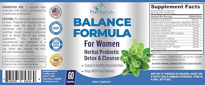 Balance Complex for Women - for Vaginal Health, Herbal Detox & Cleanse, Vaginal Probiotics, Supports Healthy Intestinal Flora, Helps with Yeast Infections 60 Capsules