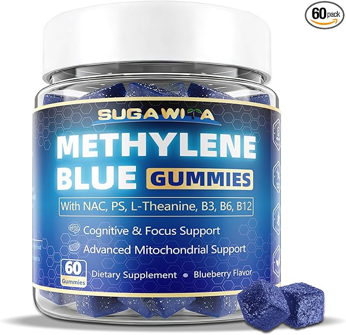 Methylene Blue Gummies 10mg for Humans, 8-in-1 Brain Supplements with NAC, B3, B6, B12, L-Theanine & PS, Brain & Mitochondrial Support, Enhances Energy, Focus and Cognitive, Pure, Vegan, 60 Counts