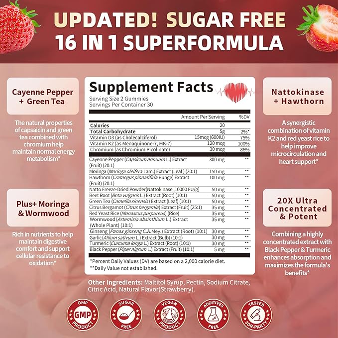 Lukaree 16 in 1 Cayenne Pepper Gummies- Sugar-Free Capsaicin Supplements Complex w/Moringa, Hawthorn, Beet Root - Plus Wormwood, Citrus Bergamot Support Circulation* & Overall Wellness* - 60 CT