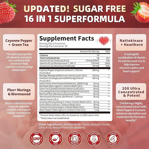 (2 Pack)16 in 1 Cayenne Pepper Gummies- Sugar-Free Capsaicin Supplements Complex w/Moringa, Hawthorn, Beet Root - Plus Wormwood, Citrus Bergamot Support Circulation* & Overall Wellness* - 60 CT