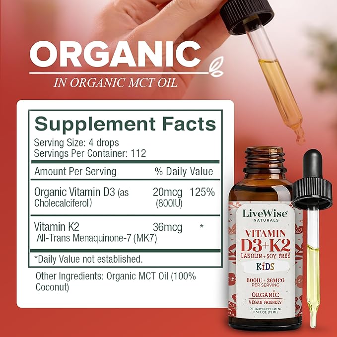 Live Wise Naturals Vitamin D3 K2 Kids Liquid Drops - 112 Servings, Ultra Concentrated Formulation, Fast Absorption 800 IU & 35 MCG for Calcium & Bone Support - Daily Nutritional Support Parents Trust