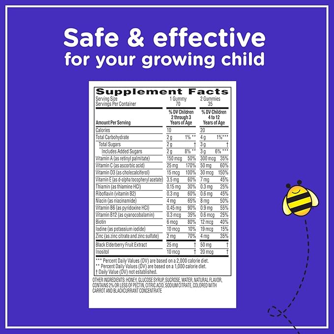 Zarbee’s Complete Kids Multivitamin Gummies + Immune Support, Berry Flavor, Honey-Sweetened, Gluten-Free & Gelatin-Free, Vitamins A, C, D3, E, B6, B12, Folic Acid & B-Complex, 70 Count