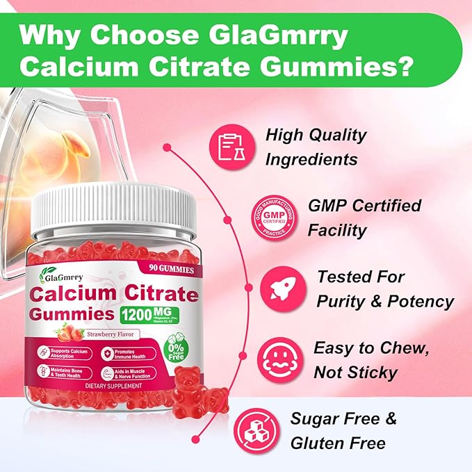 180 Count Calcium Citrate Gummies - Calcium Gummies with Magnesium & 4 Essential Vitamins Support Bone, Muscle, Teeth, Immunity, Calcium Supplements for Women & Men, Strawberry Flavor