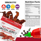 Sriracha Flavored Bacon Jerky, 12g Protein Per Bag, Tender & Easy to Chew Fully Cooked Bacon, USA Made, High Protein Carnivore Snacks (2 Bags)