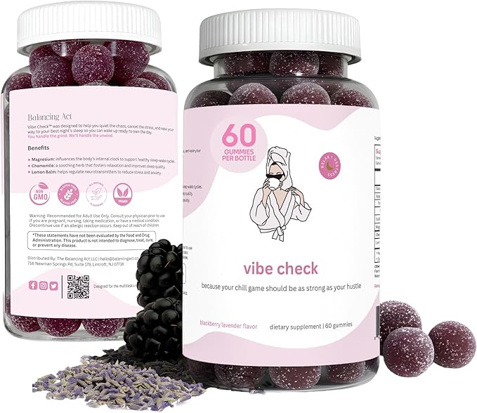 Balancing Act - Vibe Check Magnesium Gummies for Women – Melatonin-Free Calm & Relaxation Support with Magnesium, Chamomile & Lemon Balm – BlackBerry Lavender – 60 Count (30-Day Supply)