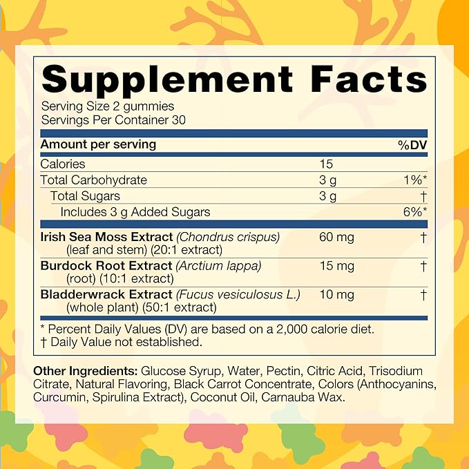 TrueSeaMoss Irish Sea Moss Gummies with Burdock Root & Bladderwrack – Formula for Adults & Kids – 60 Gummies (Packaging May Vary)
