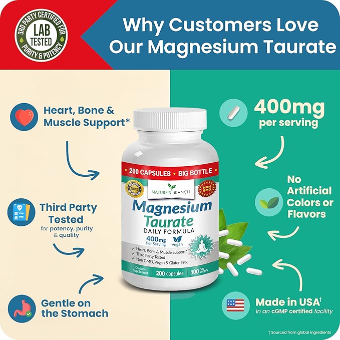 Magnesium Taurate 400mg | High Absorption | 200 Capsules for Sleep, Heart Health, Calm, Joint Supplement for Women and Men | Pure Elemental Mag Powder Plus Taurine - Extra Strength Pills
