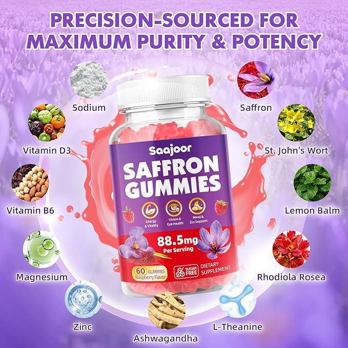 Saffron Gummies for Adult Kids - with Saffron 88.5mg, Vitamins D3 & B6, Magnesium, Zinc, Ashwagandha, L - Theanine, St. John's Wort - Supports Mood & Focus, Vegan, Raspberry Flavor, 60 Gummies