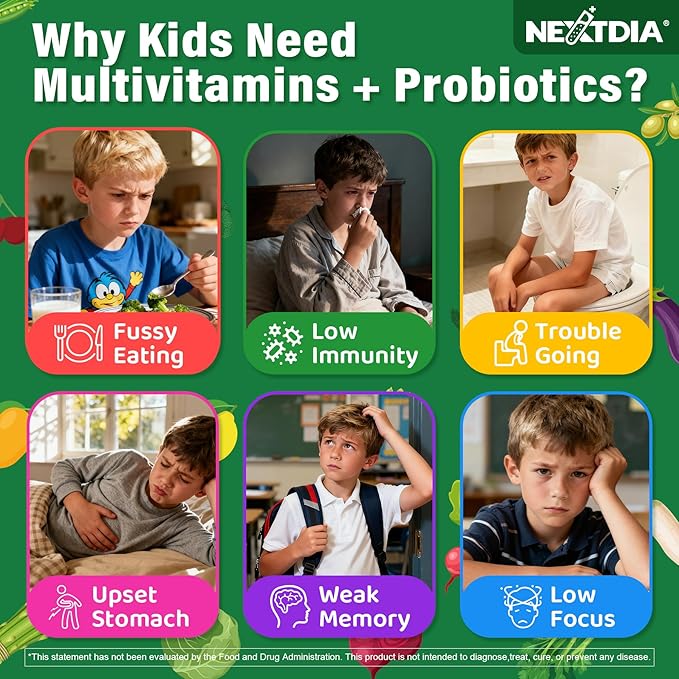 Kids Multivitamin Gummies, 20+ Super Greens Fruit and Veggies Supplement Superfood Daily Gummies with Probiotics for Kids Gummy Vitamins & Minerals for Tummy & Immune Support -Vegan, Sugar Free, 60Cts