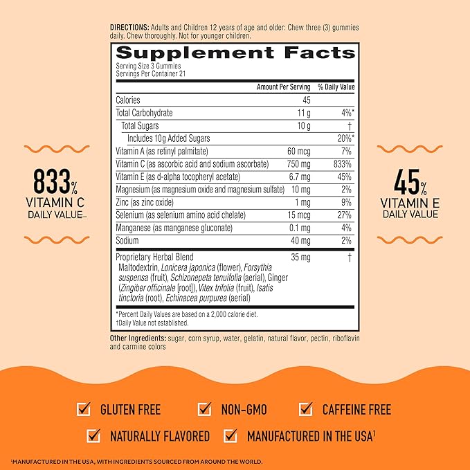 Airborne 750mg Vitamin C Gummies for Adults, Immune Support Gummies with Powerful Antioxidants VIT C & E, Caffeine Free - 2x63ct Bottle (42 Servings), Assorted Fruit Flavor