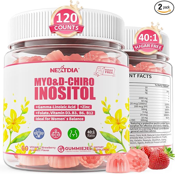 Nextdia Inositol Gummies Supplement with Evening Primrose Oil for Women - 40:1 Ratio Myo-Inositol 2000mg & D-Chiro Inositol 50mg with VIT D3 B12 & Zinc, Sugar-Free for Natural Balance, Vegan (120ct)