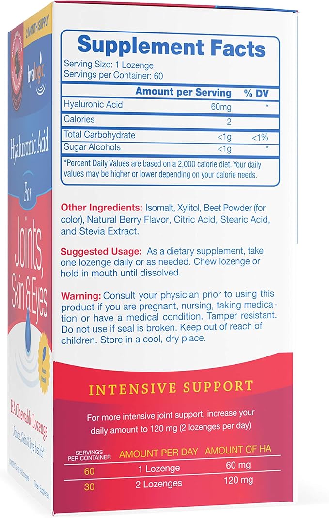 Hyalogic Hyaluronic Acid Chewable Lozenge - Chewable Tablets for Joints, Skin Care & Eyes – Vegan, Sugar-Free and Berry Favored Hyaluronic Acid Supplements (60 Count)