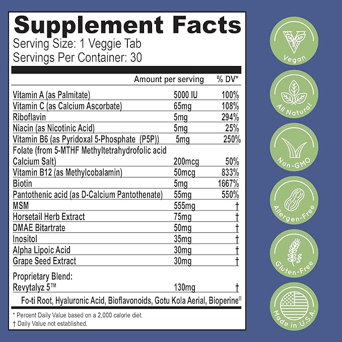 Essential Source Biotin (Biotina Vitaminas) - Hair Skin Nails Vitamins for Women & Men - 5000 mcg - Hair Growth Support Supplements - 30 Tablets - with Revytalyz 5, Vitamin A, C, B12 - Made in USA