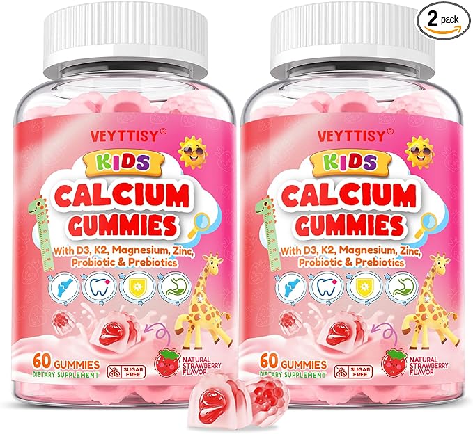 Kids Calcium Gummies with D3 & Magnesium for 4+: Sugar Free Calcium Citrate with Vitamin D3, K2, Zinc, Probiotics & Prebiotics for Kids - Gluten Free, Non-GMO,Vegan, Natural Strawberry Flavor