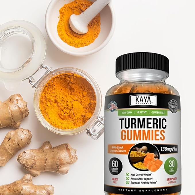 Kaya Naturals Turmeric Supplements Gummies, Pure Nature Turmeric Curcumin, Ginger Gummies - Black Pepper Extract - 60 Count