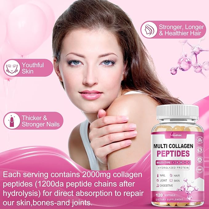 ZHPHK Multi Collagen Peptides for Women 2000mg Hydrolyzed Collagen Peptides Pills from Type I II III V X with Hyaluronic Acid Better Absorption with Vitamin C Support Skin Hair Nail | 120 Count