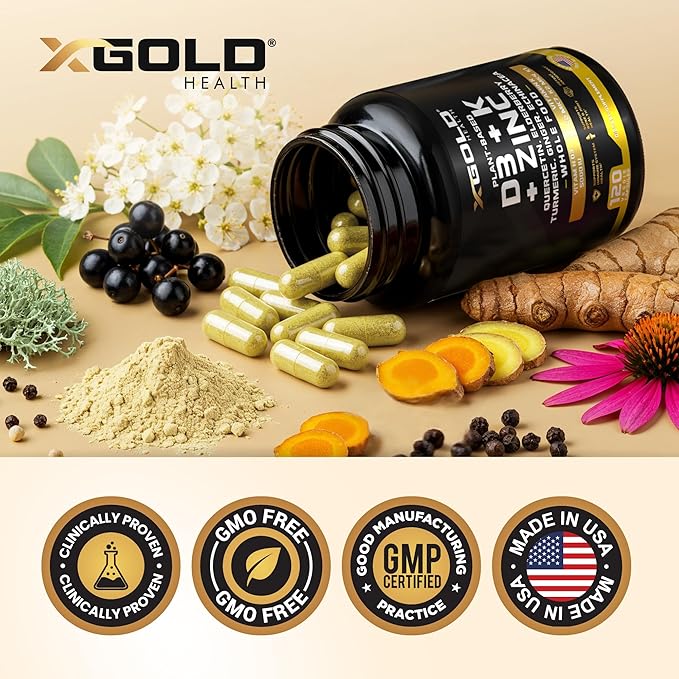 Vitamin D, K2, K1, Zinc, Quercetin, Elderberry, Turmeric, Ginger & Echinacea Whole Food Supplement 8 in 1- D3 5000 IU Plant-Based from Lichen, Vitamin K (K2 MK7, MK4, K1), D3 K2 Vitamins -120 Capsules
