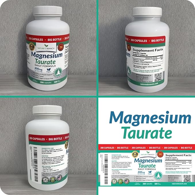 Magnesium Taurate 400mg | High Absorption | 200 Capsules for Sleep, Heart Health, Calm, Joint Supplement for Women and Men | Pure Elemental Mag Powder Plus Taurine - Extra Strength Pills