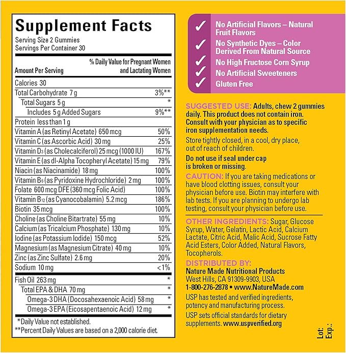Nature Made Prenatal Gummies with DHA and Folic Acid, Prenatal Vitamins for Women for Daily Nutritional Support, 60 Gummies, 30 Day Supply,(Pack of 2)