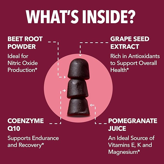 Beet Root Gummies with COQ10 & Pomegranate - Nitric Oxide Supplement for Men and Women - Beetroot for Endurance, Performance, Recovery - Vegan, Non-GMO, Gluten Free - Mixed Berry Flavor, 30 Count