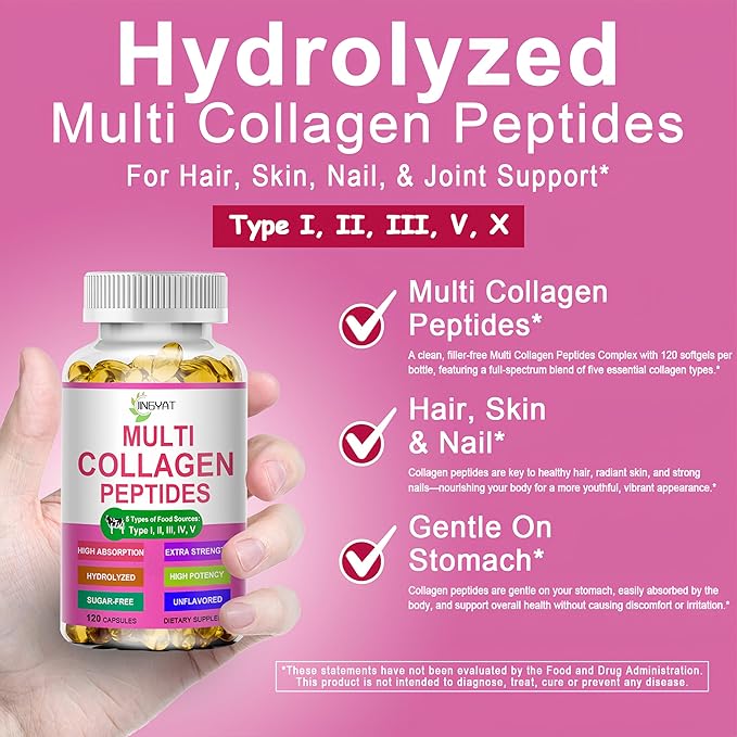 Multi Collagen Peptides Softgels - Hydrolyzed Collagen Peptides For Women & Men with Vitamin C Hyaluronic Acid - High Absorption Collagen Complex for Skin Hair Nail & Joint - Type I, II, III, V, X